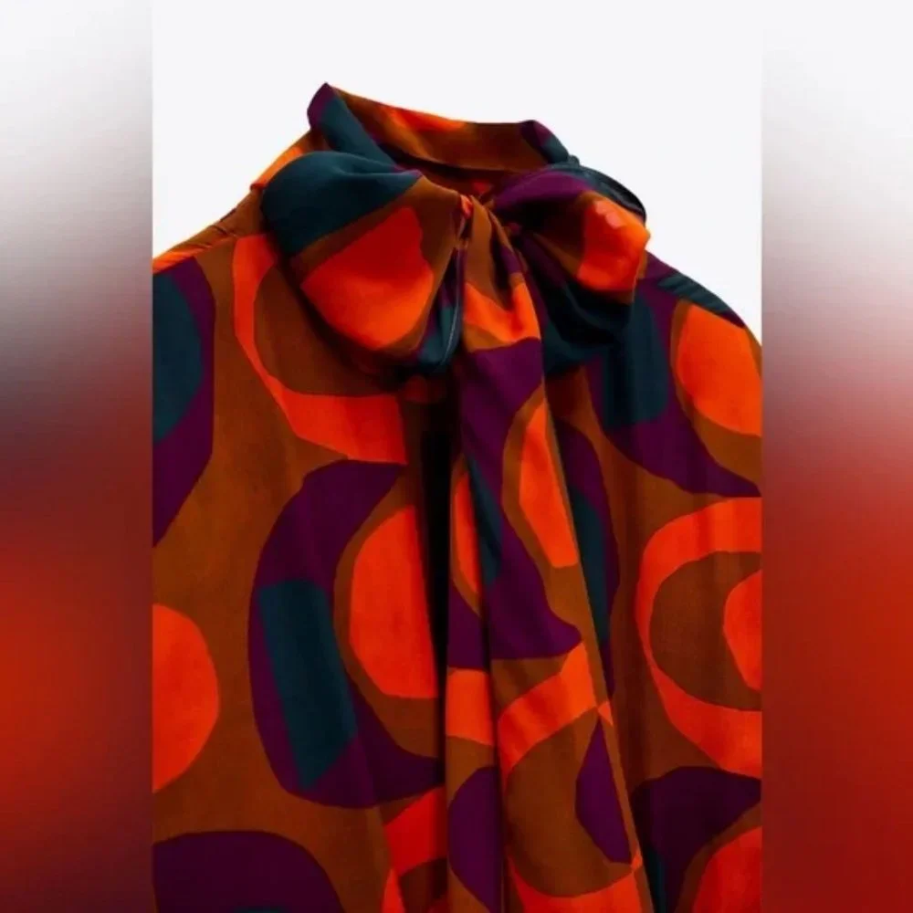 ZARA PRINT MIDI DRESS HIGH COLLAR SELF TIE - Picture 5 of 7